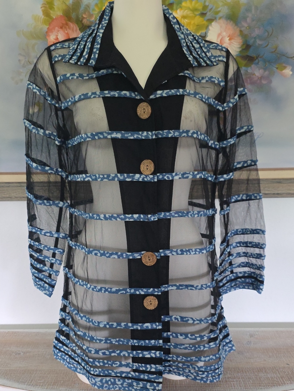 John Mark Sheer Black Button-Up Top with Blue Patterned Trim